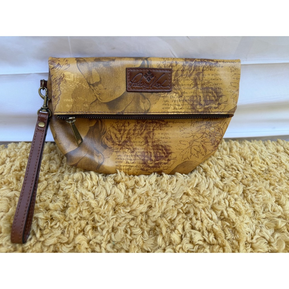 Patricia Nash Da Vinci Sketch Leather Foldover Wristlet Clutch Bag Tan